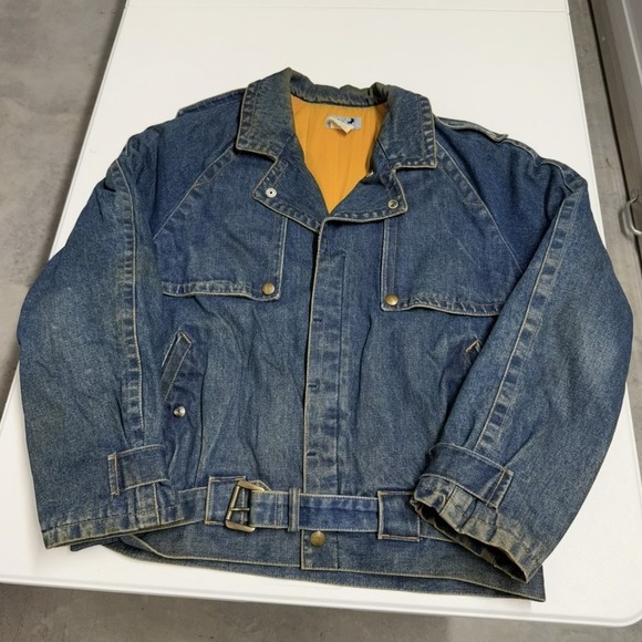 Other - Vintage 80s Denim Biker Jacket Blue Belted Quilted Lining Moto Trucker Coat